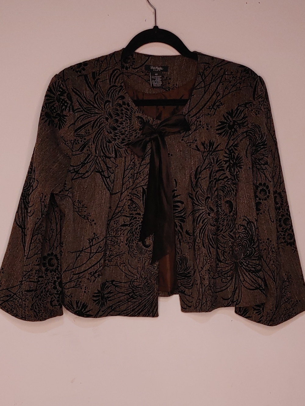 Vintage Bob Mackie Black Floral Velvet Print Bell Sleeve Tie-Front Coat Blazer